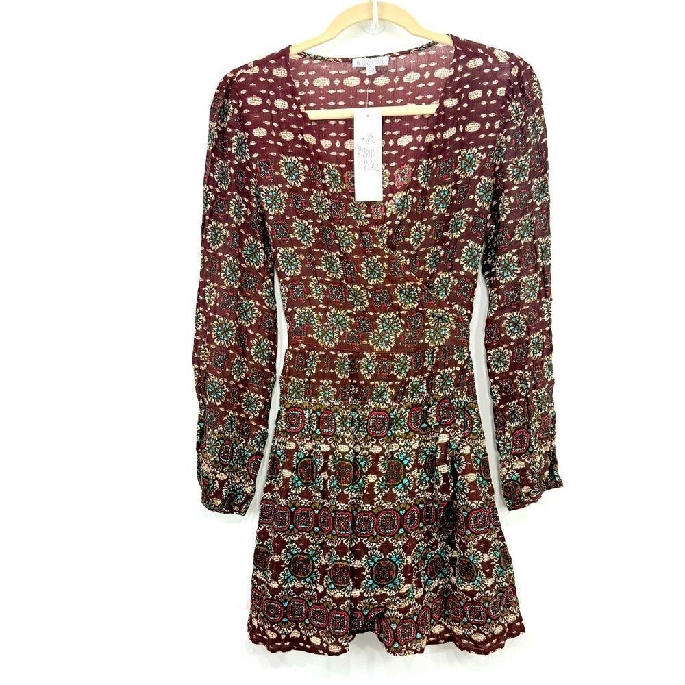 Patrons of Peace Brown Burgundy Medallion Floral Autumn Boho Mini Wrap Dress NEW
